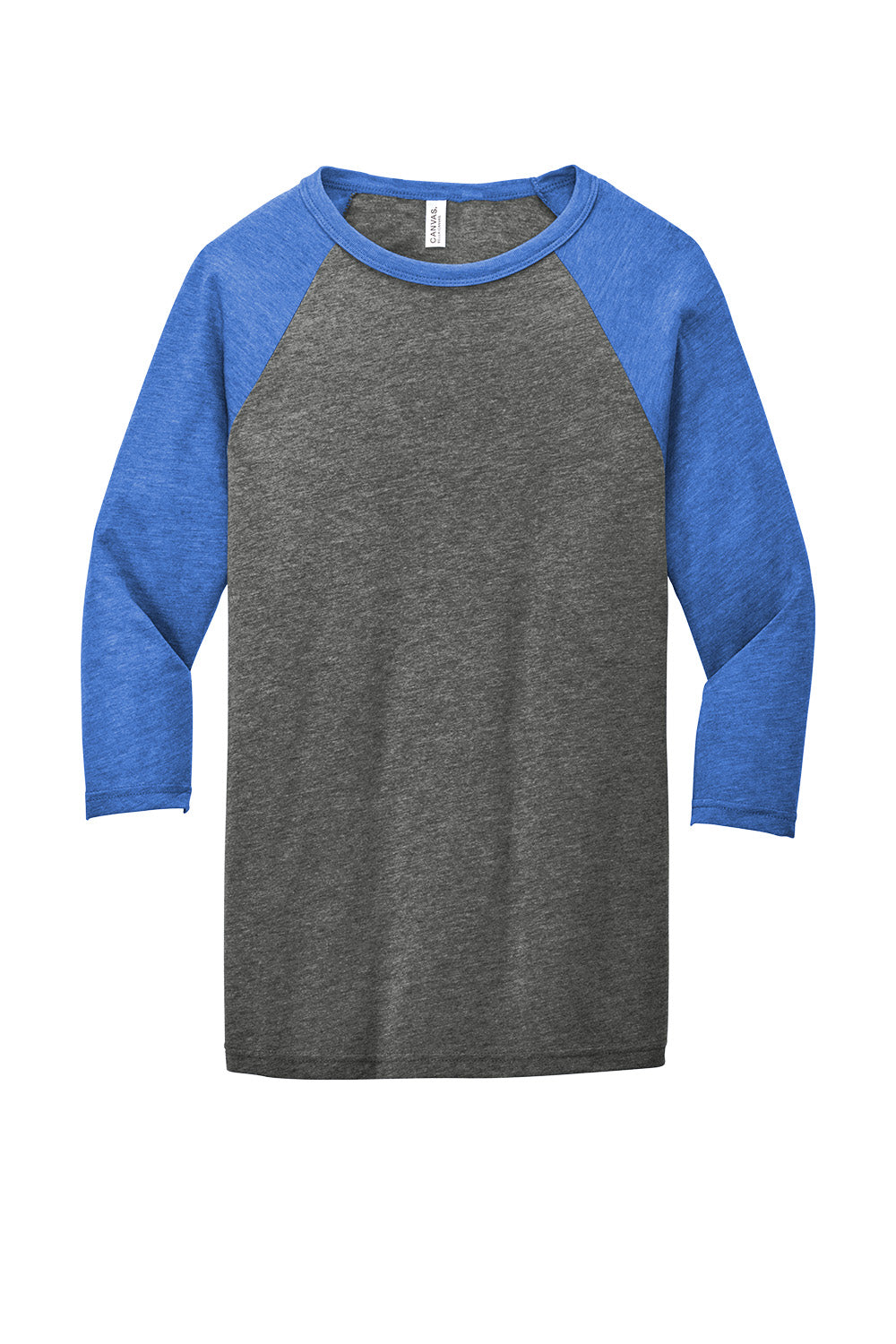 Gray BELLA+CANVAS unisex 3/4-sleeve baseball tee with front view, featuring a classic fit and casual style.