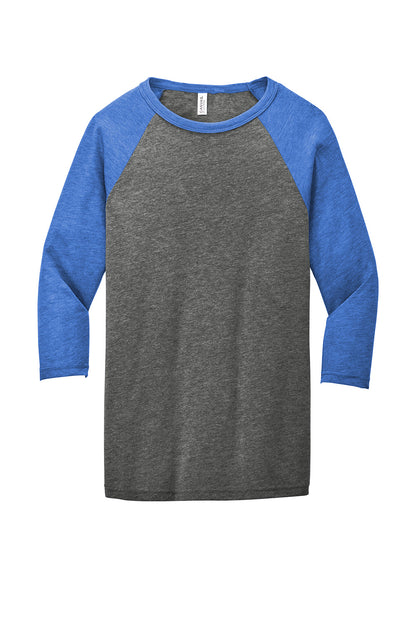 Gray BELLA+CANVAS unisex 3/4-sleeve baseball tee with front view, featuring a classic fit and casual style.