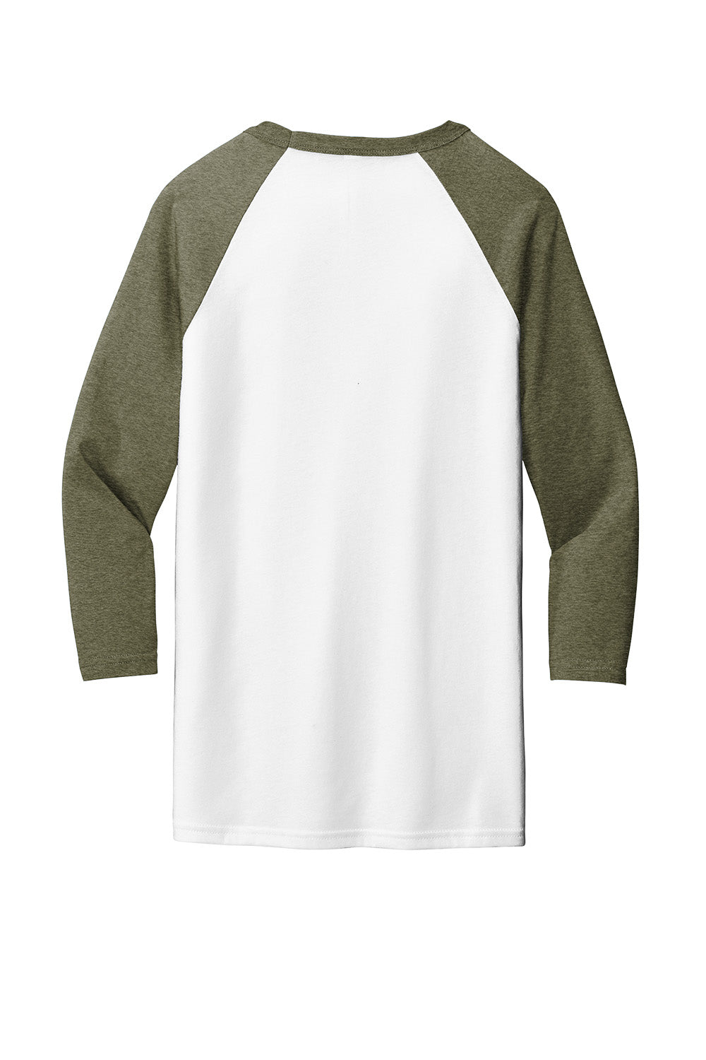White Heather olive unisex 3/4-sleeve baseball tee by Print-View, shown flat back view with ribbed collar and casual style.