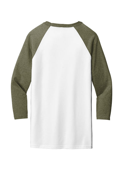 White Heather olive unisex 3/4-sleeve baseball tee by Print-View, shown flat back view with ribbed collar and casual style.