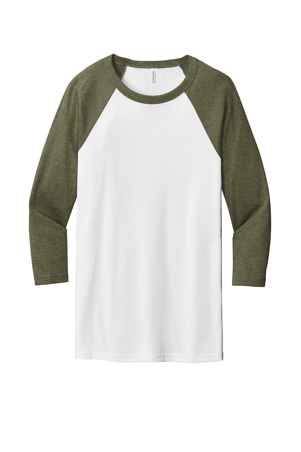 White heather and olive green unisex 3/4-sleeve baseball tee by Print-View, front view showing classic raglan style and soft fabric.