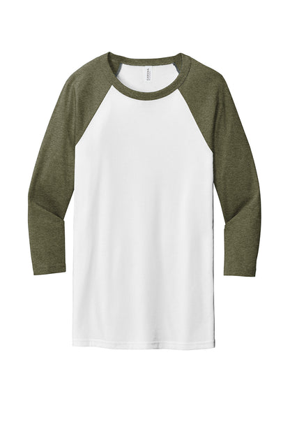 White heather and olive green unisex 3/4-sleeve baseball tee by Print-View, front view showing classic raglan style and soft fabric.