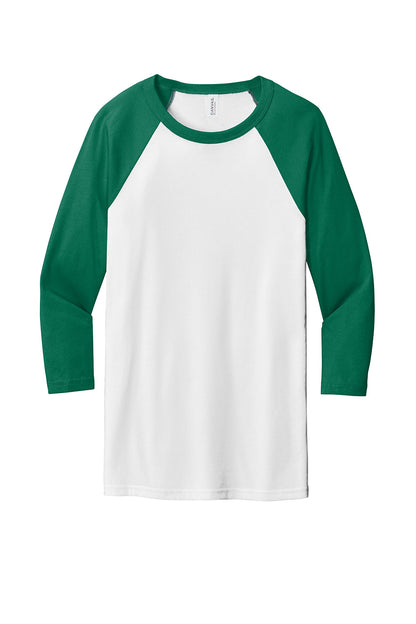 White and kelly green unisex 3/4-sleeve baseball tee by Print-View, showing the front view with contrasting sleeves and casual fit.