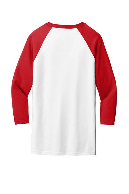 White and red unisex 3/4-sleeve baseball tee by Print-View, shown flat back view, made from comfortable cotton blend fabric.