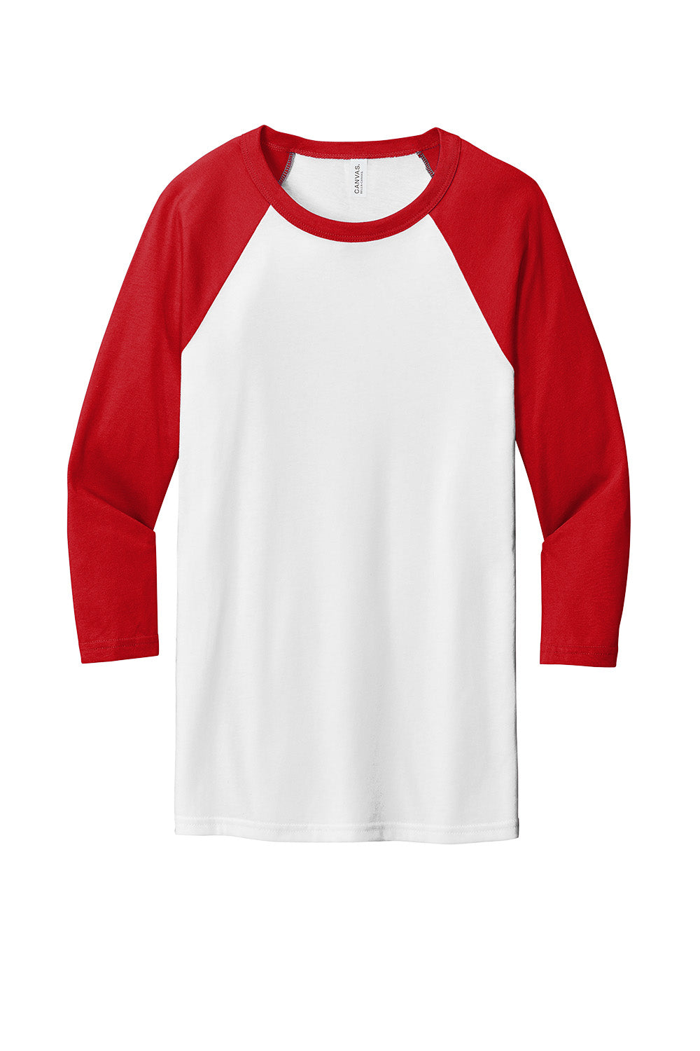White and red unisex 3/4-sleeve baseball tee by Print-View, shown flat front view with classic style and casual fit.