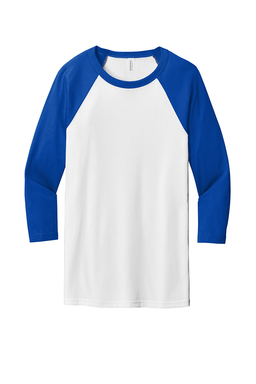 White and royal blue unisex 3/4-sleeve baseball tee by Print-View, front view showing the casual style and color contrast.