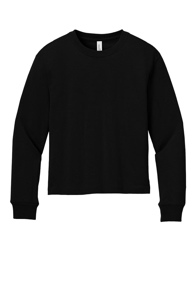 BELLA+CANVAS Youth Heavyweight Long Sleeve Tee black front view  6 oz cotton kids tee for school and custom print designs by Print-View