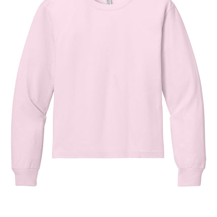 BELLA+CANVAS Youth Heavyweight Long Sleeve Tee in pink front view  personalized kids shirt for custom prints by Print-View