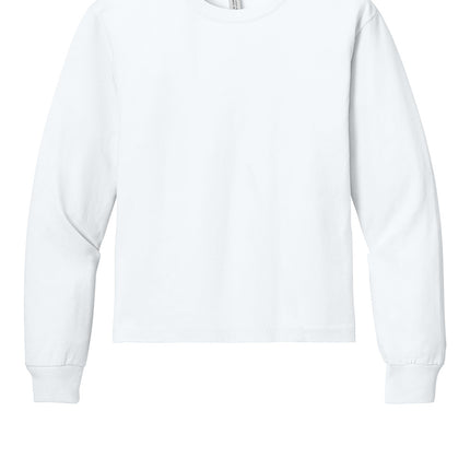 BELLA+CANVAS Youth Heavyweight Long Sleeve Tee in white front view — personalized kids shirt for custom prints by Print-View