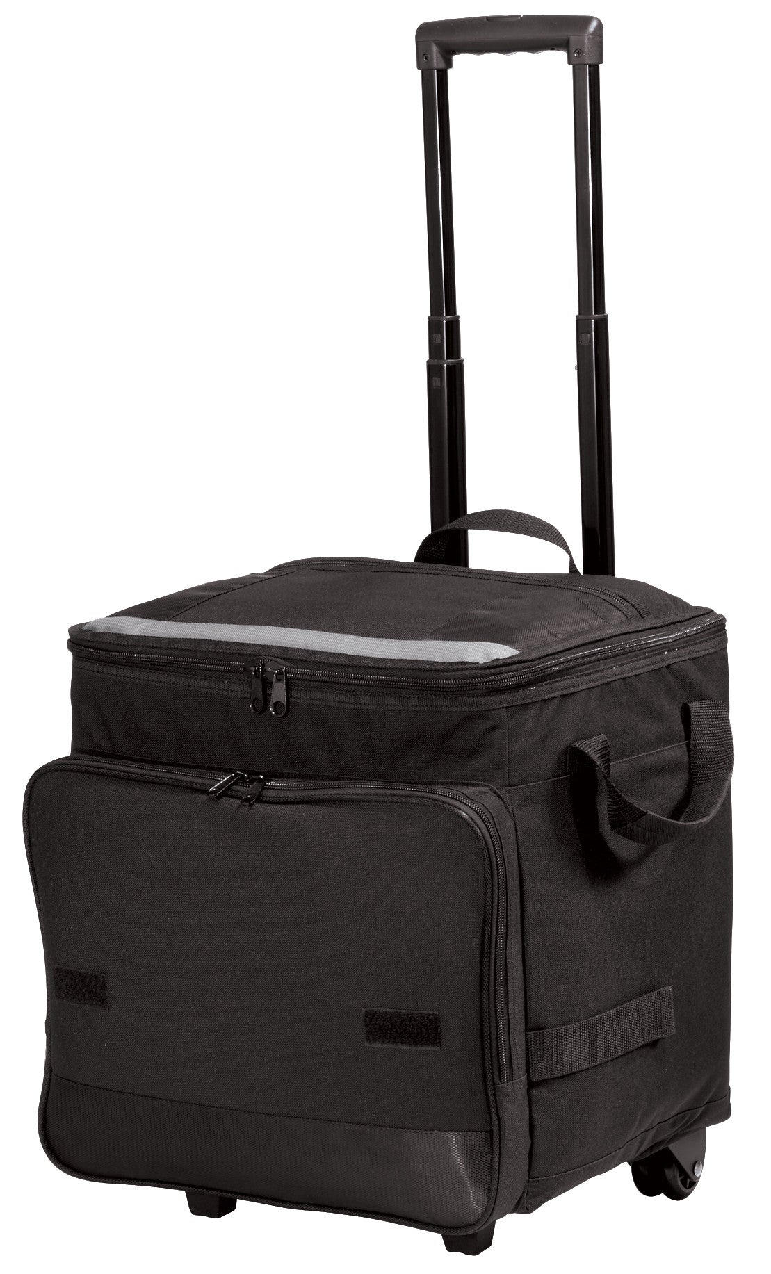 Black Port Authority® rolling cooler with adjustable telescoping handle and wheels, ideal for outdoor and picnic use.