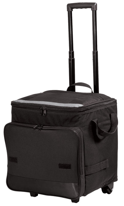 Black Port Authority® rolling cooler with adjustable telescoping handle and wheels, ideal for outdoor and picnic use.