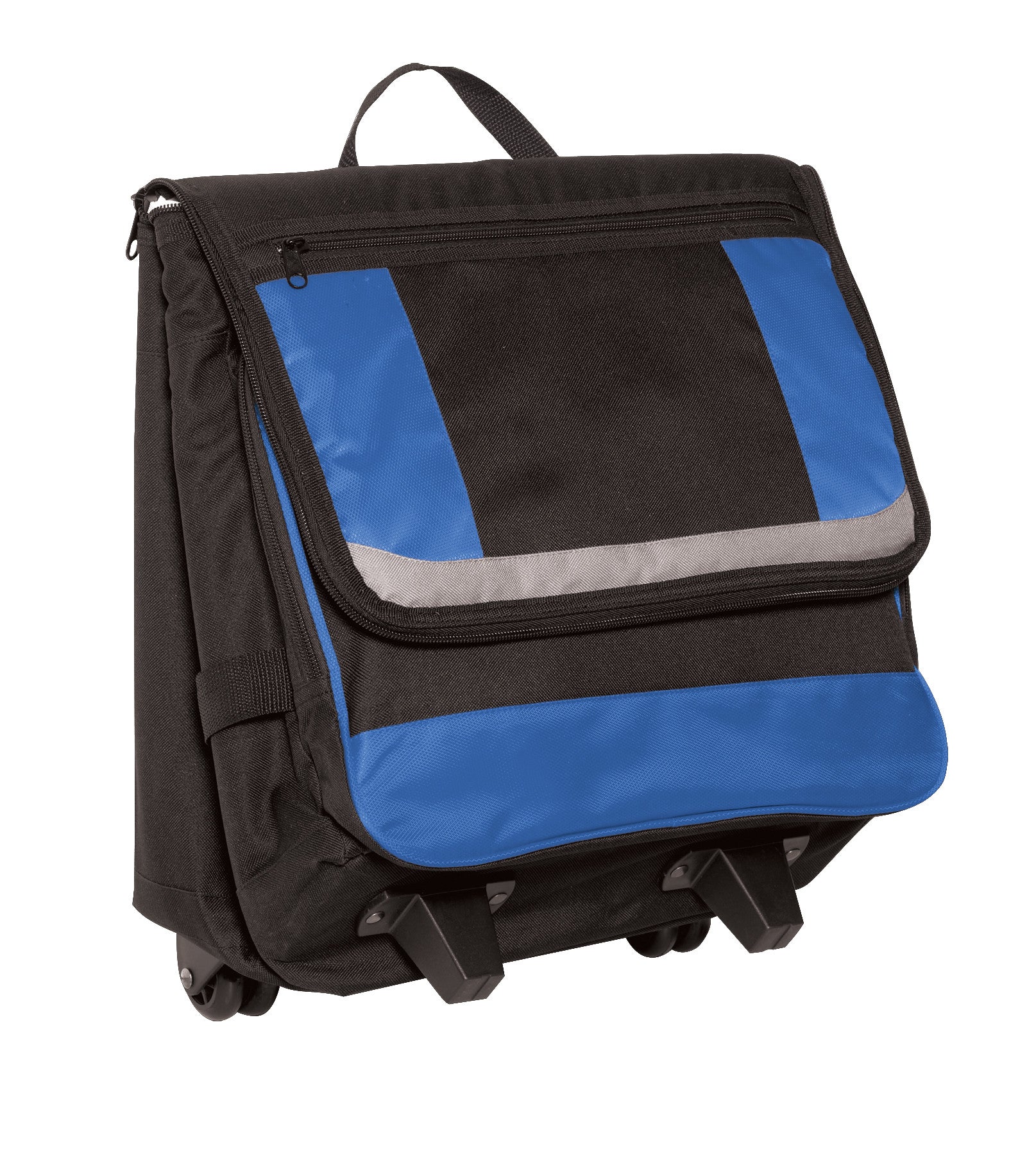 Black and blue Port Authority® rolling cooler from Print-View, closed with wheels and handle visible.