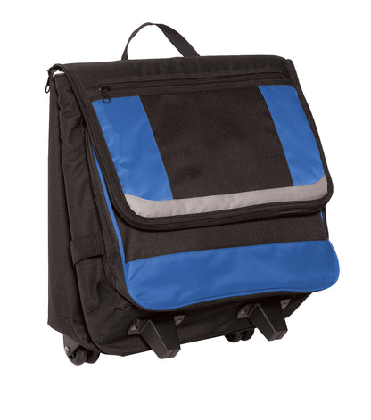 Black and blue Port Authority® rolling cooler from Print-View, closed with wheels and handle visible.