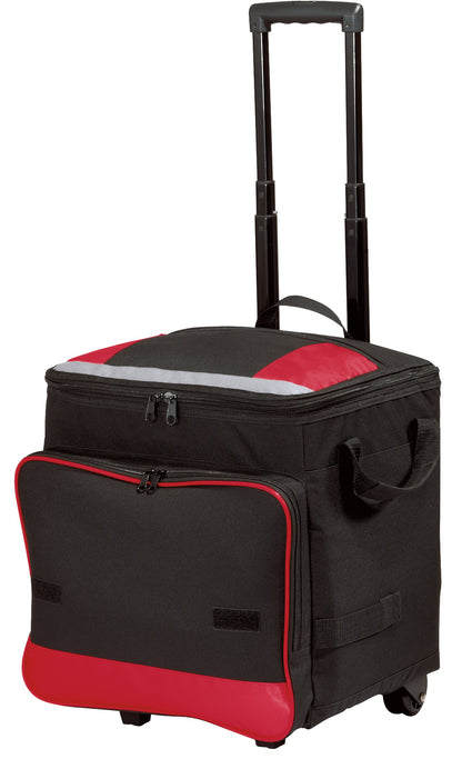 Red and black Port Authority rolling cooler with carry handle and wheels, ideal for outdoor picnics and events.