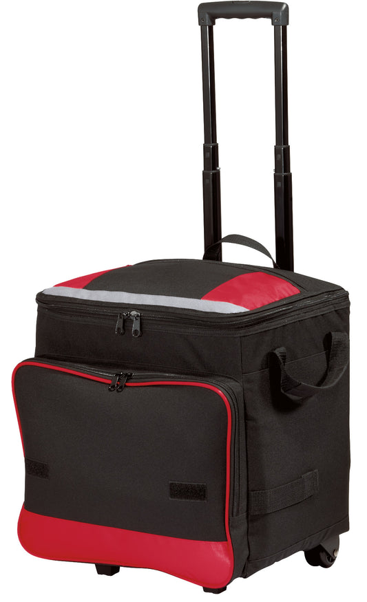 Red and black Port Authority rolling cooler with carry handle and wheels, ideal for outdoor picnics and events.