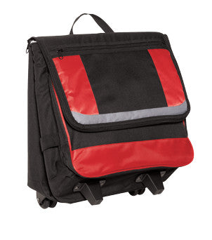 Red Port Authority rolling cooler by Print-View, featuring sturdy wheels and a spacious interior for beverages and snacks.