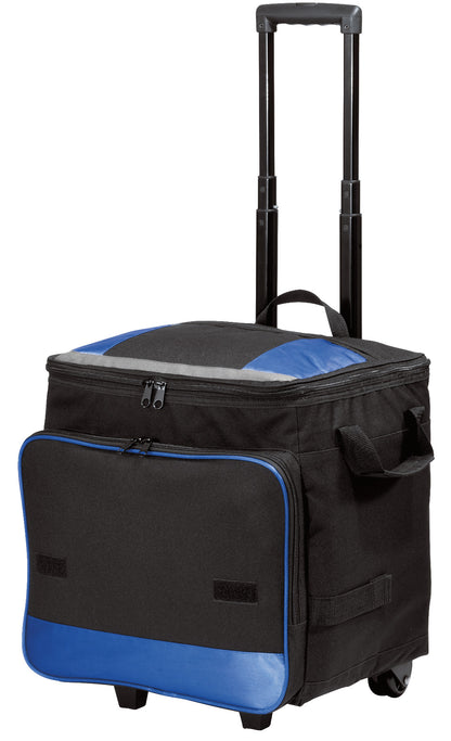 Print-View Port Authority® rolling cooler in twilight blue and black, front view showing durable wheels and spacious interior.