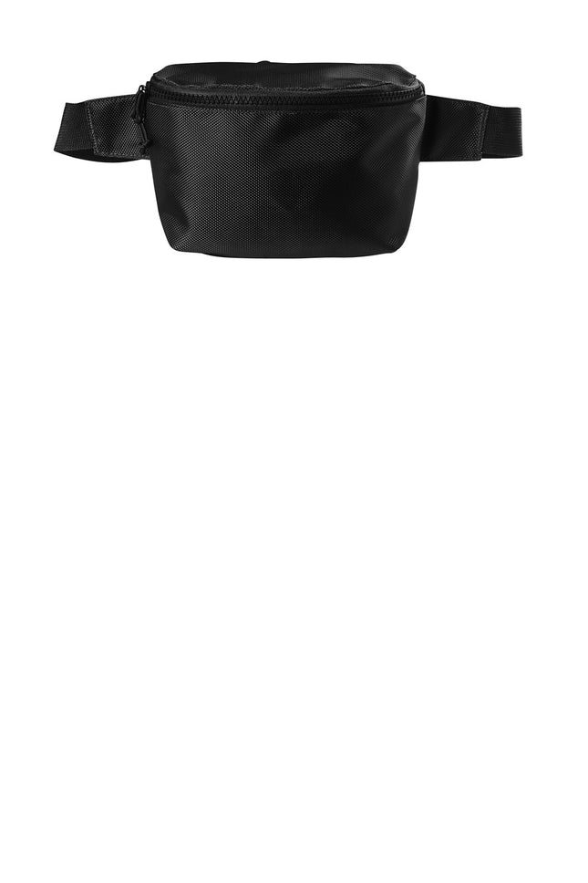 Black Port Authority® Ultimate Hip Pack featuring customizable print area, durable polyester, adjustable waist strap, and zippered front pocket