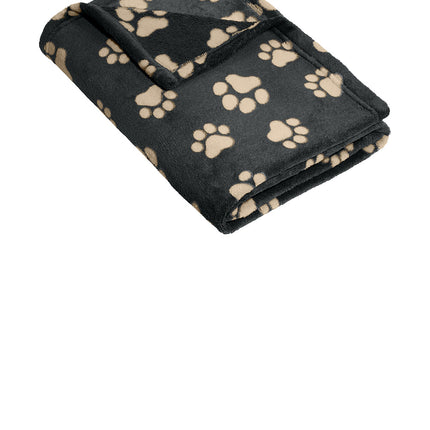 Print-View Port Authority® small ultra plush blanket in graphite and biscuit with paw print design, shown flat front view.