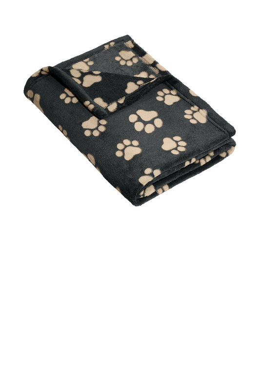 Print-View Port Authority® small ultra plush blanket in graphite and biscuit with paw print design, shown flat front view.