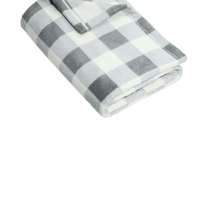 Print-View Port Authority® small ultra plush blanket in marshmallow color with grey check pattern, shown flat on a surface.