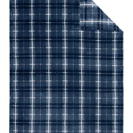 Print-View Port Authority® small ultra plush navy blanket with dusk herringbone plaid pattern, soft and cozy fabric.