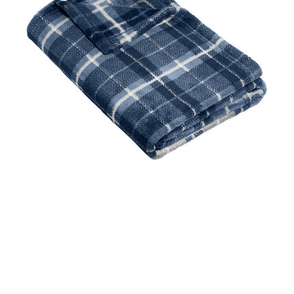 Print-View Port Authority® small ultra plush navy blanket with dusk herringbone plaid pattern, flat front design.