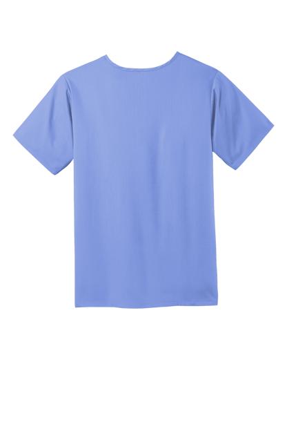 Back view of Wink Men's Premiere Flex V-Neck scrub top in light blue, showcasing the comfortable fit and professional design.