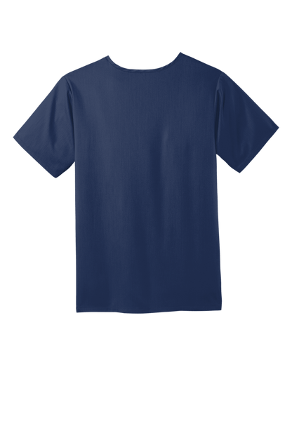 Back view of men's Wink Premiere Flex V-Neck scrub top in navy, showing the fit and fabric details.