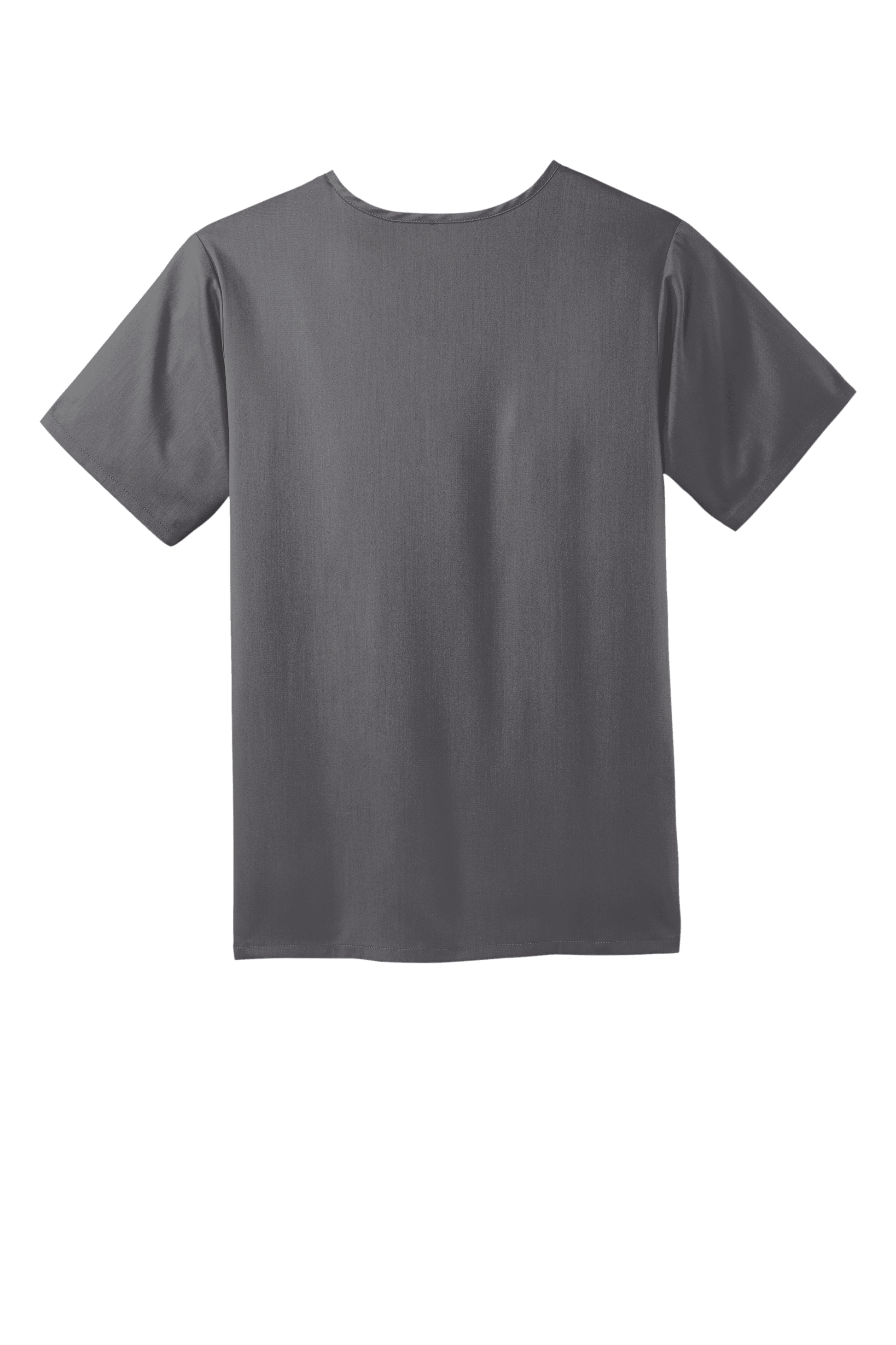 Back view of Wink Men's Premiere Flex V-Neck Scrub Top in Pewter Grey, showcasing the comfortable fit and professional design.