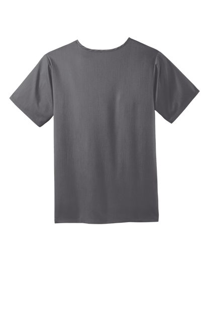 Back view of Wink Men's Premiere Flex V-Neck Scrub Top in Pewter Grey, showcasing the comfortable fit and professional design.