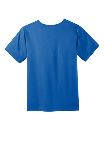 Back view of men's Wink Premiere Flex V-neck scrub top in blue, showing the fit and design of the medical scrubs.