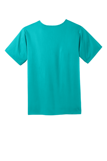 Back view of Wink Men's Premiere Flex V-Neck Scrub Top in teal, featuring a printed design and comfortable fit for medical professionals.
