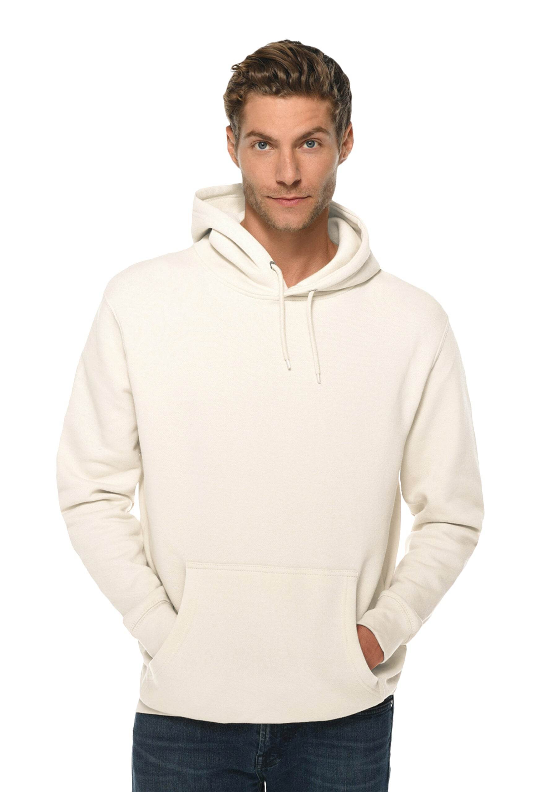 Beige Lane 7 unisex plain premium hoodie with print view, showcasing a comfortable pullover design and customizable options.