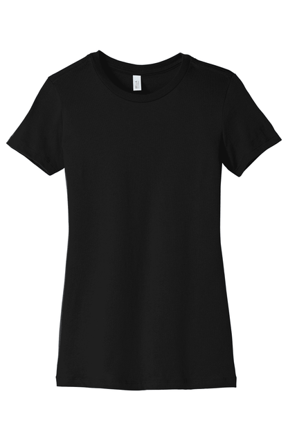 Black Bella Canvas women's slim fit T-shirt with subtle print, featuring a soft fabric and modern design.