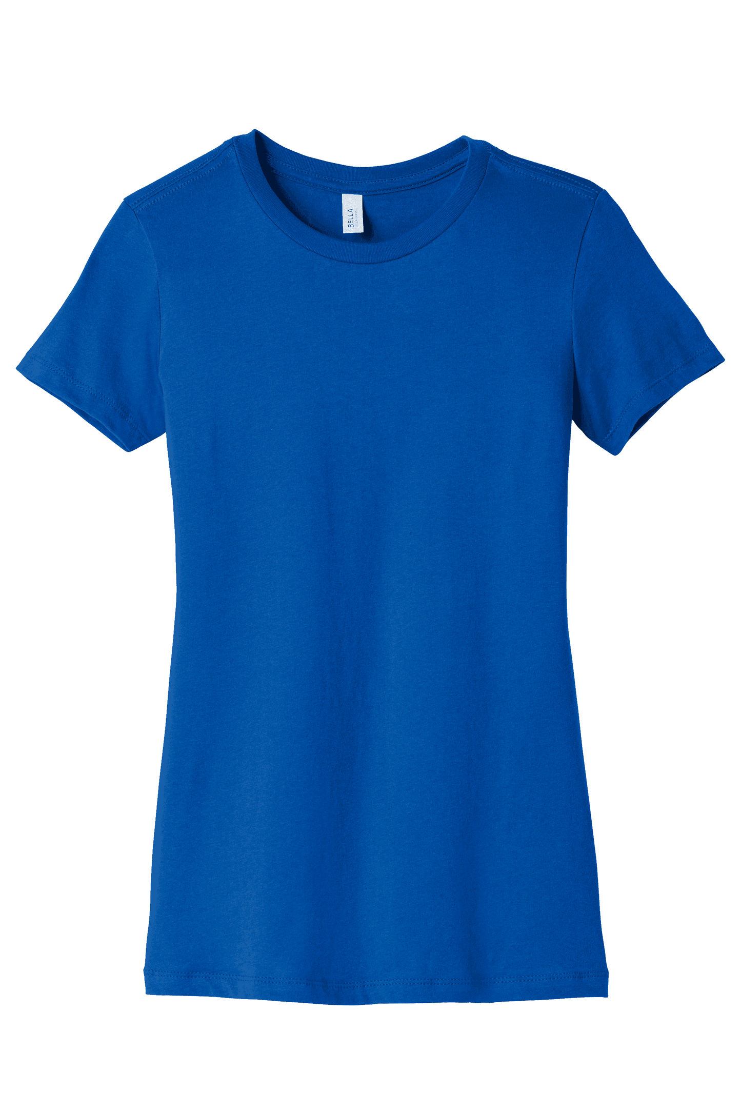 Blue Bella Canvas women's slim fit T-shirt with a printed design, showcasing comfortable casual style.
