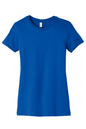 Blue Bella Canvas women's slim fit T-shirt with a printed design, showcasing comfortable casual style.