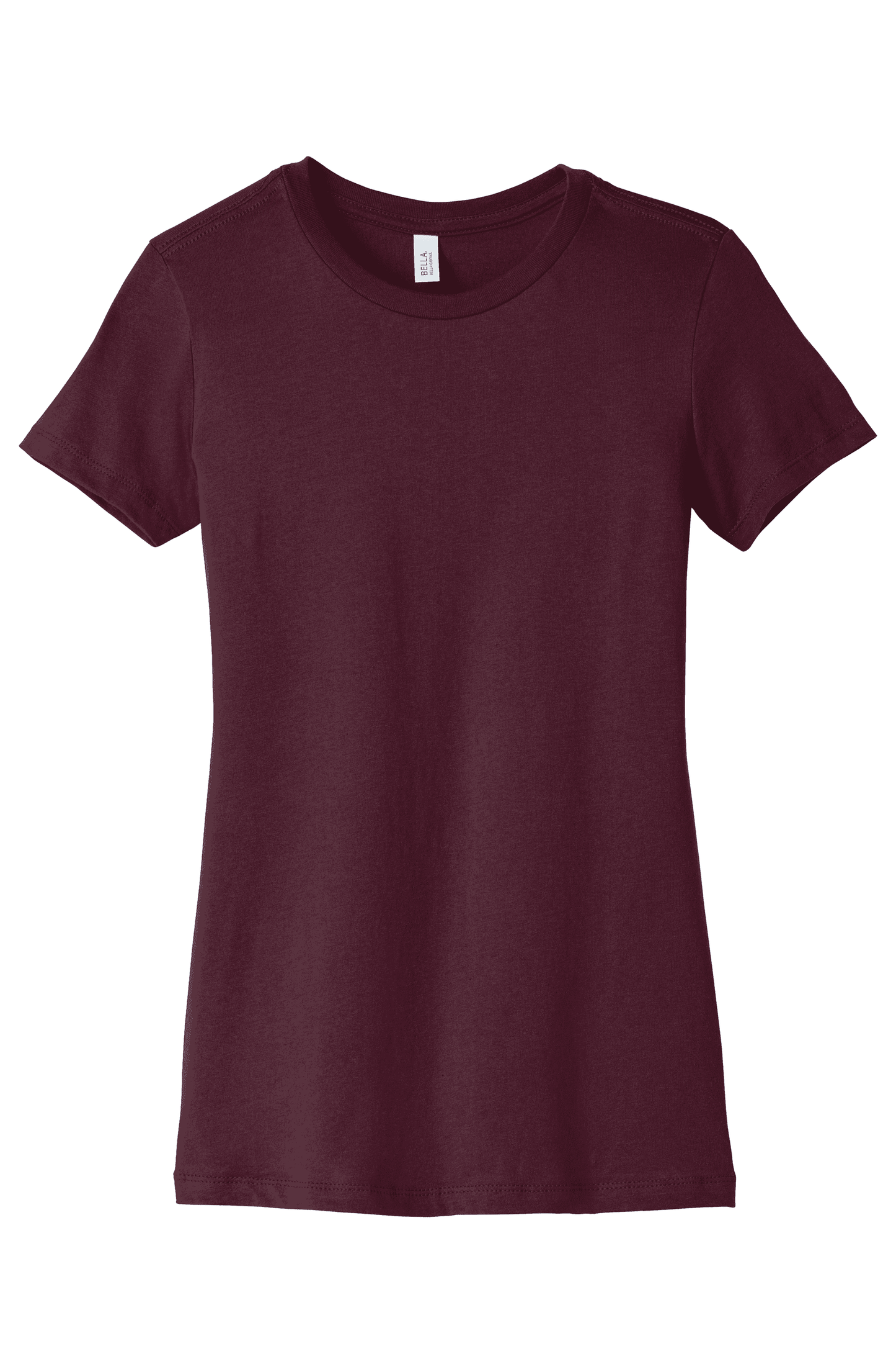 Maroon Bella Canvas women's slim fit T-shirt with a printed view design, showcasing a stylish and comfortable casual top.