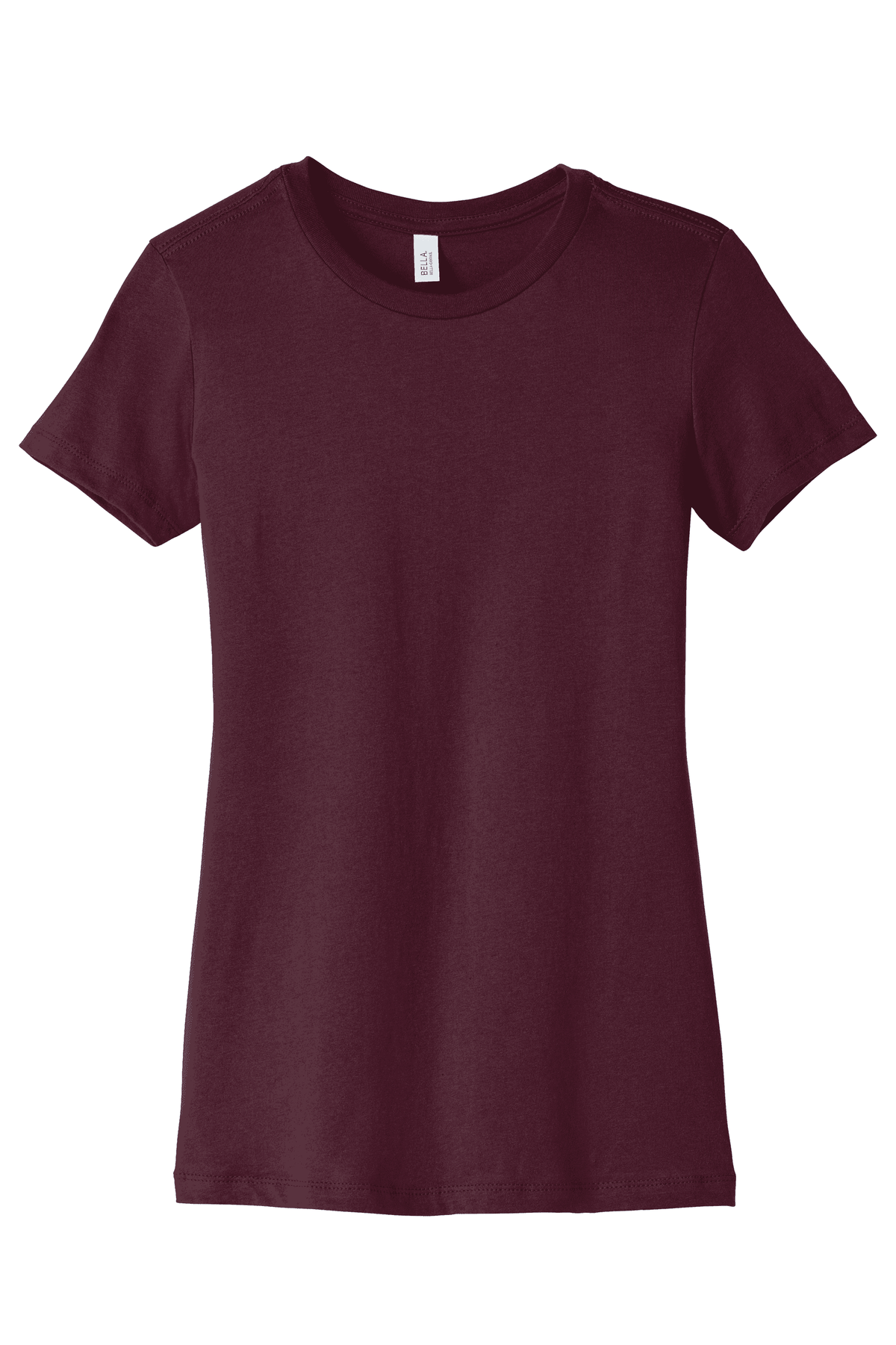Maroon Bella Canvas women's slim fit T-shirt with a printed view design, showcasing a stylish and comfortable casual top.