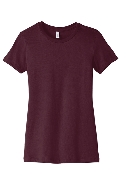 Maroon Bella Canvas women's slim fit T-shirt with a printed view design, showcasing a stylish and comfortable casual top.