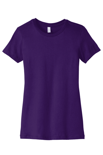 Purple women's slim fit T-shirt by Bella Canvas with a stylish print on the front, shown on a flat lay.