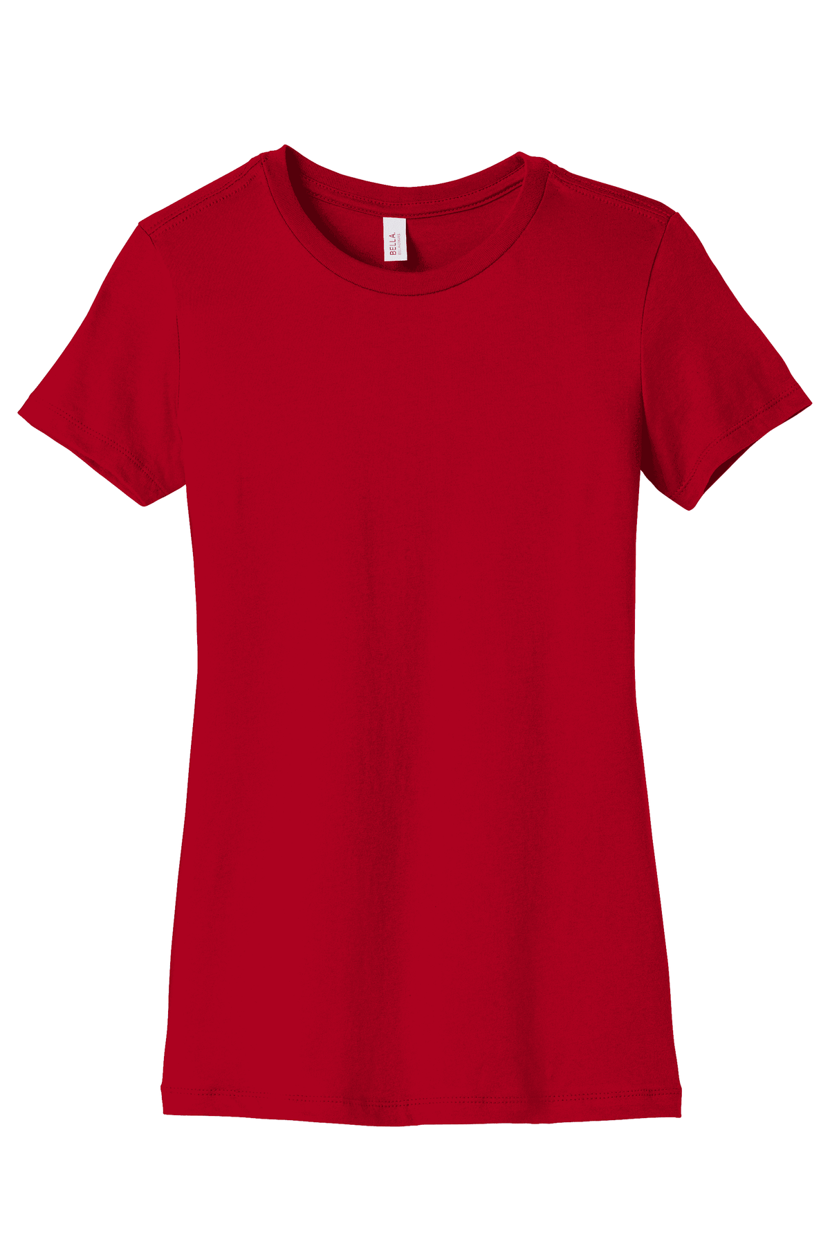 Red Bella Canvas women's slim fit T-shirt with a printed design, showcasing soft fabric and modern style.