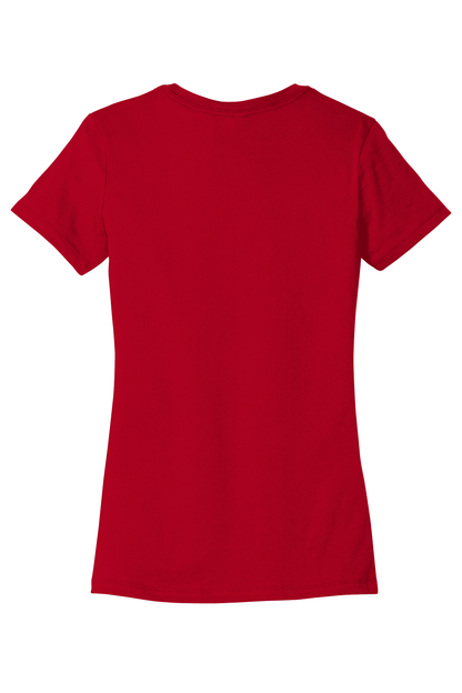 Red Bella+Canvas women's slim fit T-shirt with a printed design, shown from the front on a flat lay.
