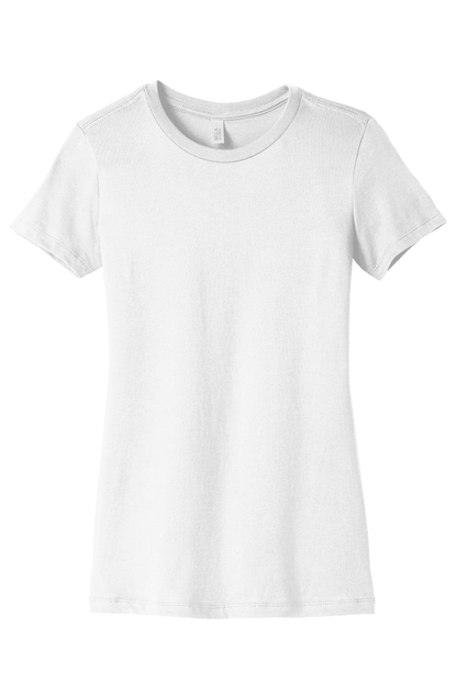 White Bella Canvas women's slim fit T-shirt with a printed design, showcasing a casual and stylish fit.