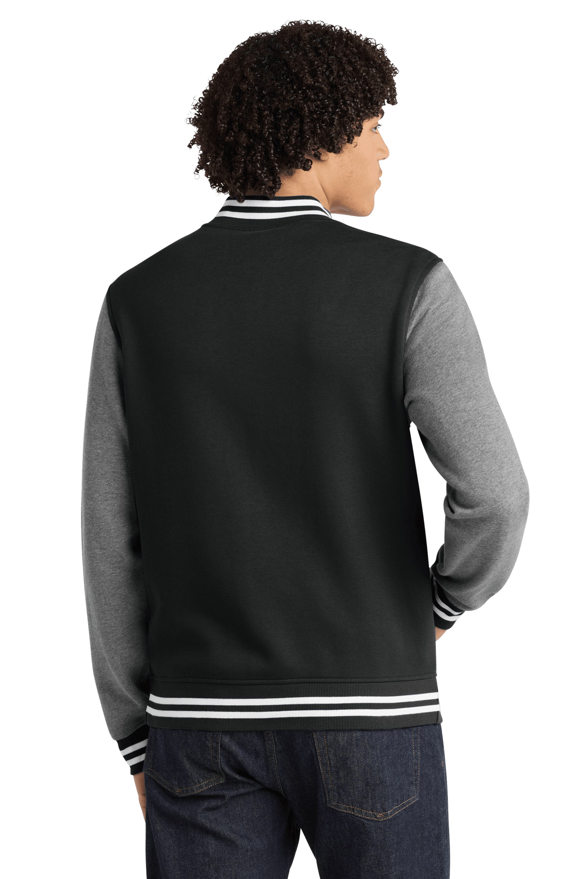 Black Sport-Tek varsity jacket with vintage heather fabric, featuring classic striped cuffs and collar, customizable or plain style.