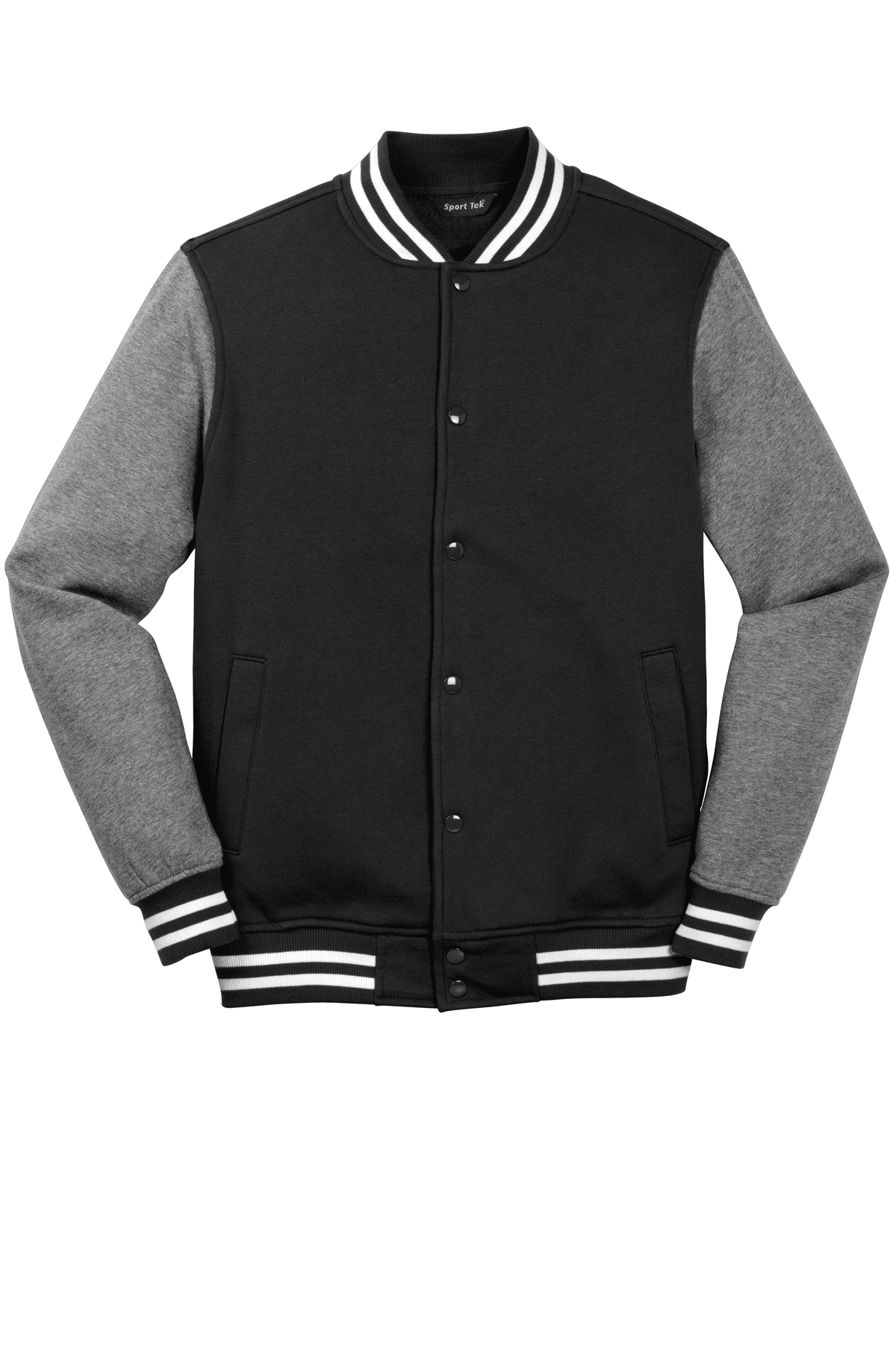 Black vintage varsity jacket by Sport-Tek with contrasting sleeves and ribbed cuffs, shown in a print view for customization or plain.