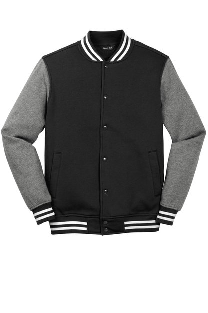 Black vintage varsity jacket by Sport-Tek with contrasting sleeves and ribbed cuffs, shown in a print view for customization or plain.