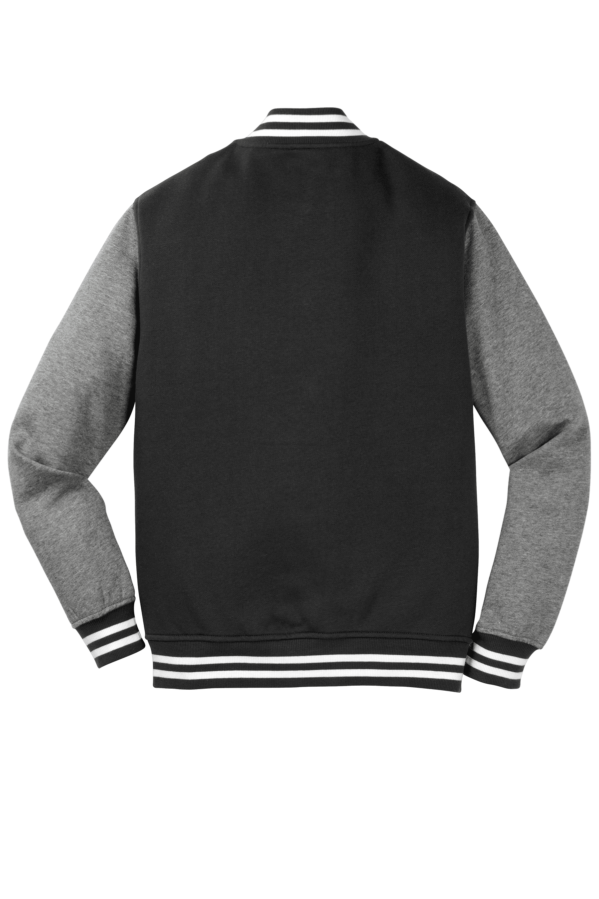 Black vintage varsity jacket by Sport-Tek, featuring classic design and ribbed cuffs, displayed on a plain background.