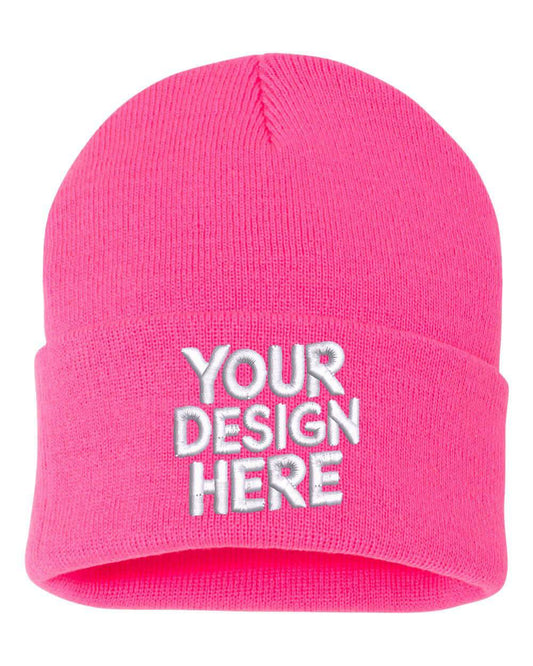 Black knit beanie by Print-View with a custom embroidered logo in neon pink, winter hat suitable for cold weather.