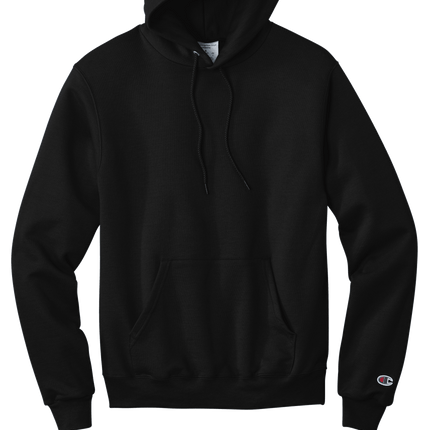 Black Champion Powerblend Pullover Hoodie – soft fleece, classic fit with custom logo Print by Print View